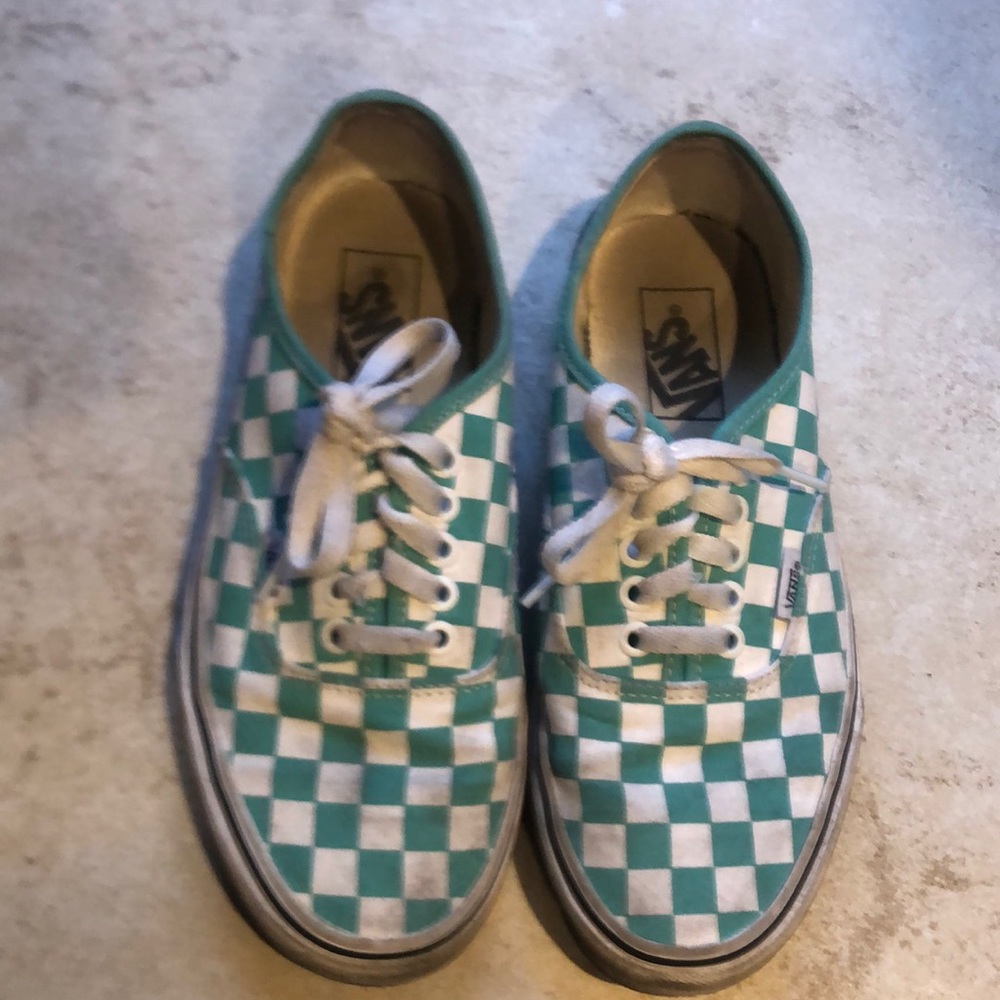 Teal n White checkered vans Sz 8